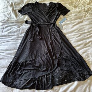 Stretch Eyelet Short Sleeve Ruffle Wrap Dress